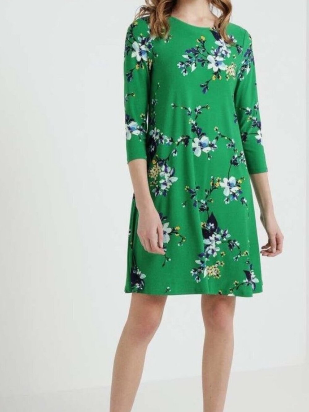 Ralph Lauren Green Floral Jersey Knit Three Qtr Sleeve Shift Dress in Women's 14